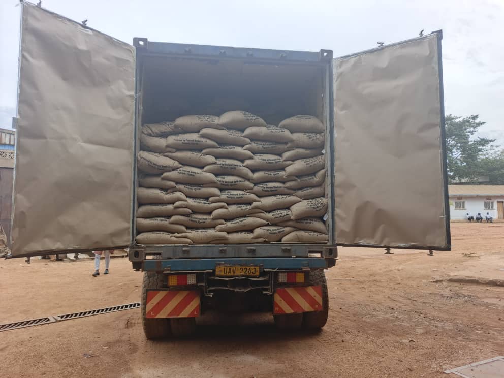 Open shipping container loaded with bagged cargo in daylight dispatch conditions.