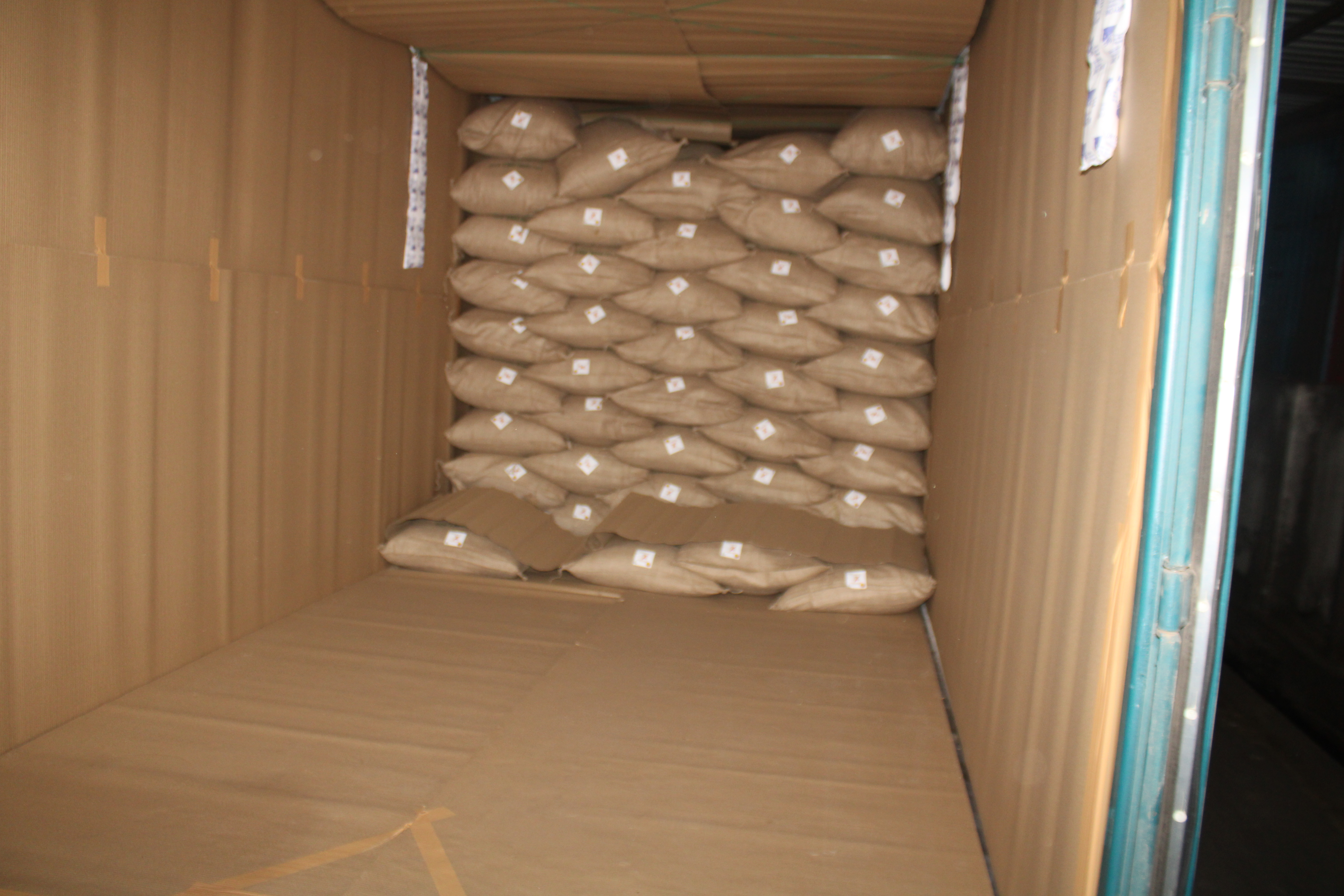 Container interior prepared with bagged cargo structure as shipment loading proof.