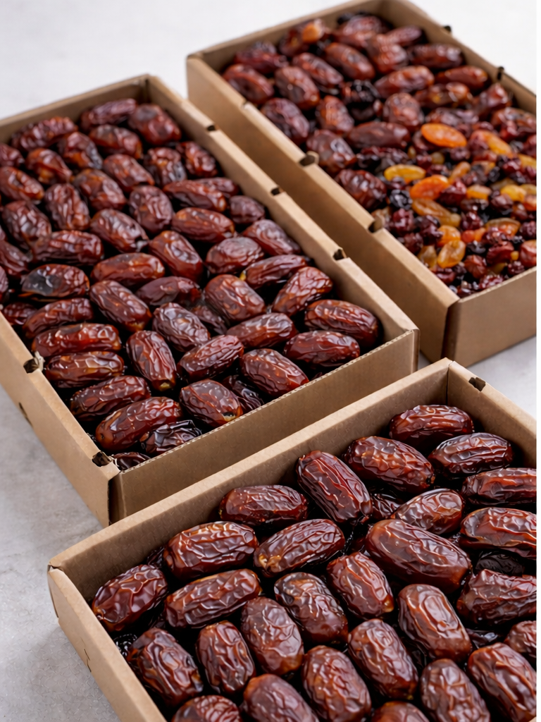Dates arranged in export-ready carton trays.