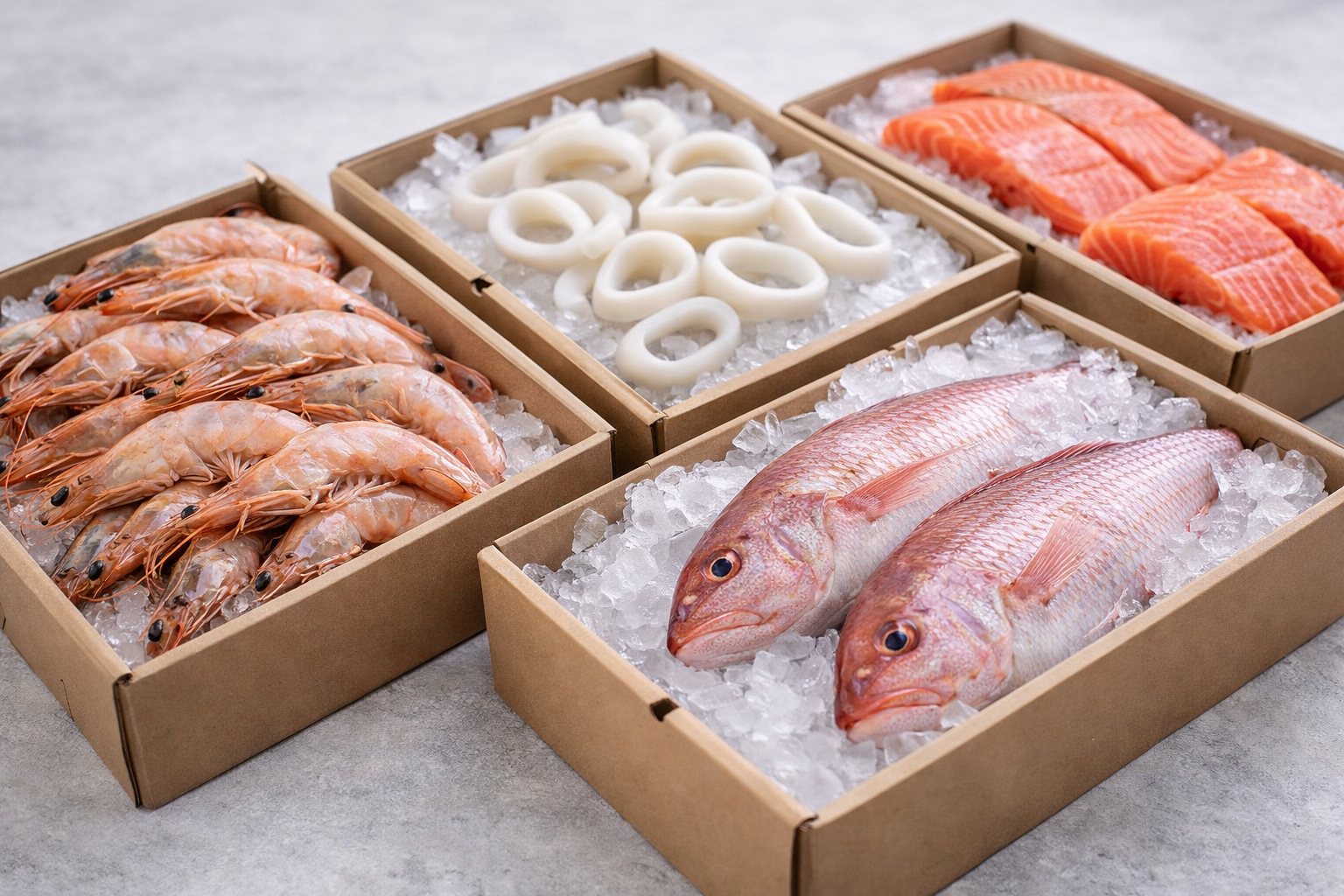 Seafood assortment presented in export-ready trays.