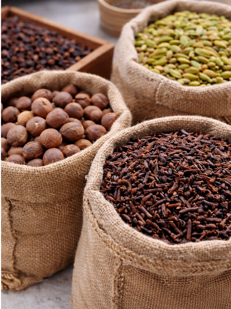 Whole spices presented in burlap sacks.